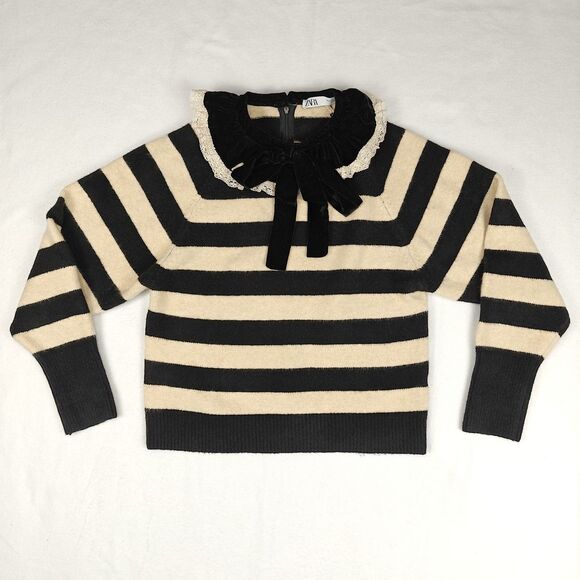 Zara Velvet Lace Ruffle Neck Striped Knit Sweater Size S Romantic Academia Twee - Picture 2 of 7